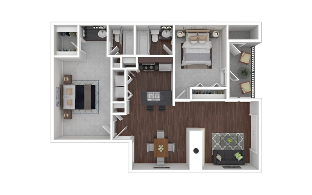 A B1 unit with 2 Bedrooms and 1 Bathrooms with area of 886 sq. ft
