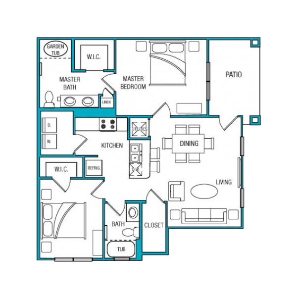A B1 unit with 2 Bedrooms and 2 Bathrooms with area of 1024 sq. ft