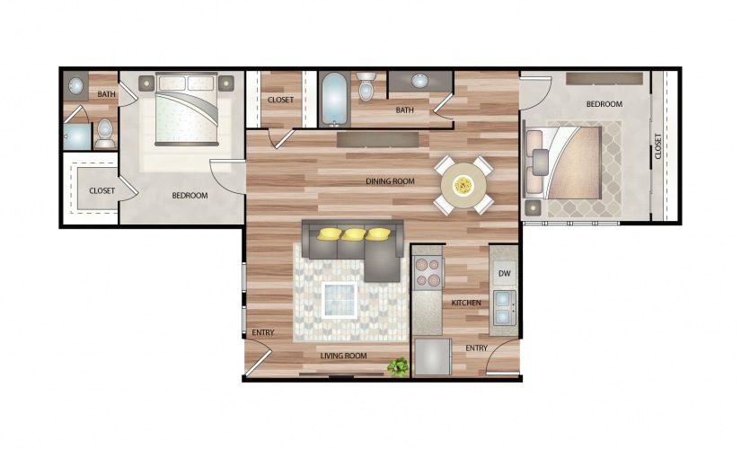 A B1 unit with 2 Bedrooms and 2 Bathrooms with area of 988 sq. ft