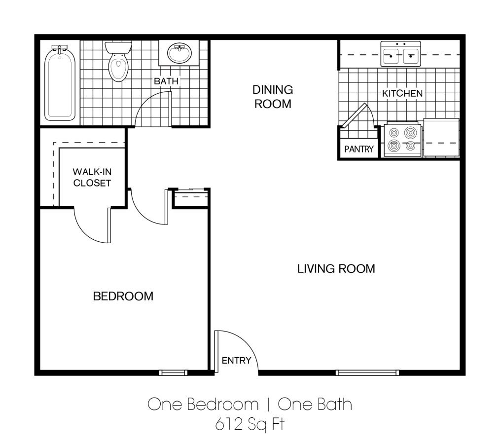 1 bedroom 1 bath 612 sq. ft.