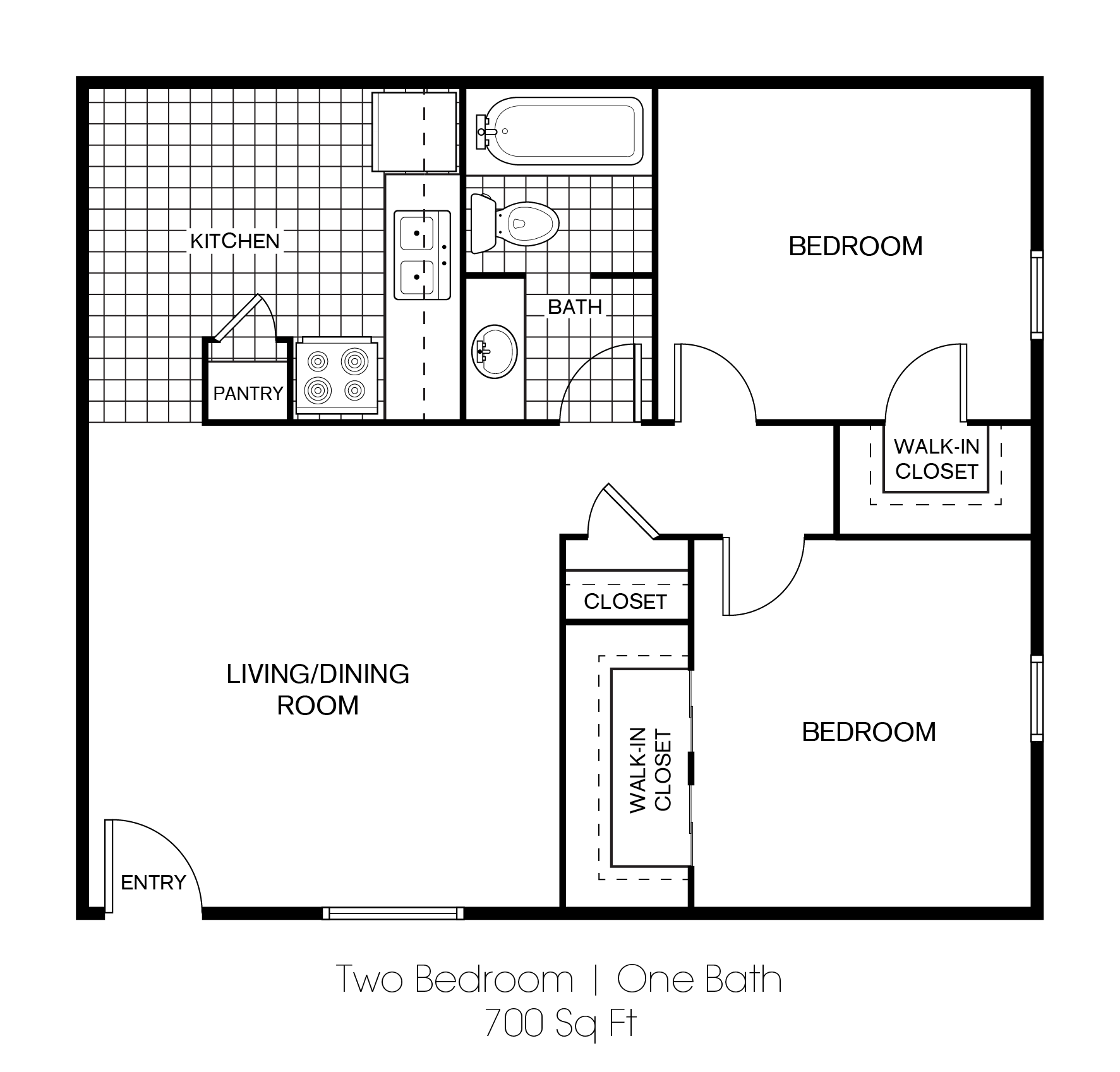 A B1 unit with 2 Bedrooms and 1 Bathrooms with area of 700 sq. ft
